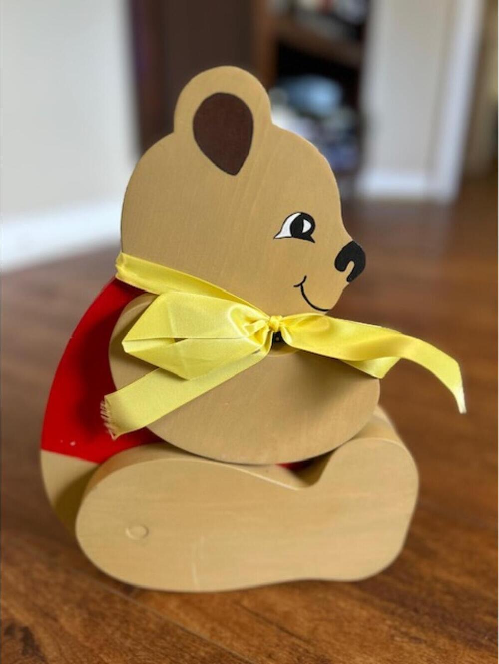 Vintage Wooden Bear Figurine with Yellow Ribbon and Red Vest